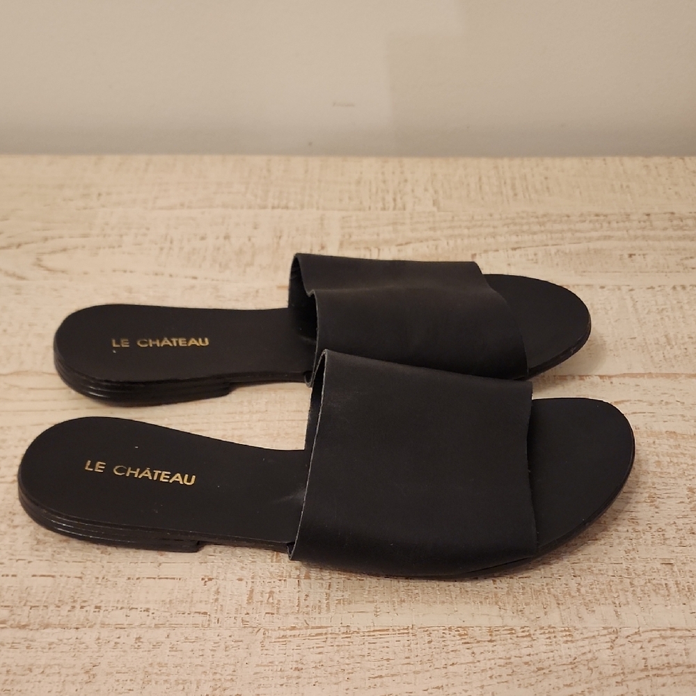Le Chateau Black Leather Slide Sandals Sz 8 - Picture 2 of 4